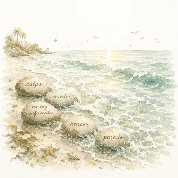 Piedras emocionales liberándose en el mar para el curso Libre a través del Perdón